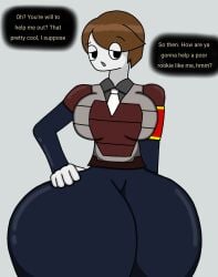 1girls armband big_breasts breasts brown_hair brown_hair_female dark_pants dialog dialogue employee_(lobotomy_corporation) female female_focus female_only lobotomy_corporation one_sin_ego oomyloops part_1 project_moon short_hair skin_tight thicc thicc_thighs thick_hips thick_legs thick_thighs white_skin white_skinned_female white_tie