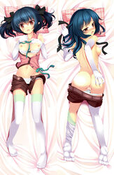 1girls ass ass_grab ayame_(komone_ushio) bed bed_sheet belt blue_hair blush boots bow bra bra_pull breasts breasts_out brown_eyes cameltoe dakimakura elbow_gloves feet female from_behind gloves hair_down hair_ribbon hairbow komone_ushio lingerie looking_at_viewer looking_back lying midriff navel nipples no_shoes on_back open_clothes open_mouth open_shirt original panties panty_pull pillow presenting pussy red_eyes ribbon shirt short_twintails shorts shorts_pull sideboob sleeveless sock_pull solo sweat thighhighs tied_hair top-down_bottom-up topless twintails unbuttoned uncensored underwear white_legwear white_thighhighs