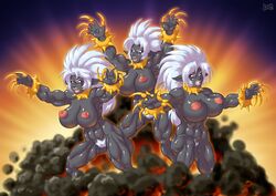 big_breasts breasts claws collar dark_elf demien elf hair huge_breasts nipple_piercing nipples nude piercing pubic_hair pussy red_eyes smoke white_hair