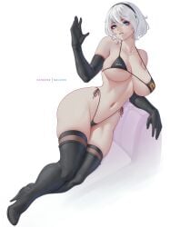 1girls android android_girl bikini black_bikini blue_eyes breasts female huge_breasts light-skinned_female light_skin long_hair melowh nier nier:_automata pornhub pornhub_bra short_hair white_hair yorha_2b