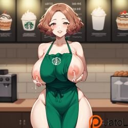 ai_generated apron barista breasts_bigger_than_head haru_okumura iced_latte_with_breast_milk jatol lactating lactation meme naked_apron negative_cathal_tilt persona persona_5 smug