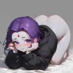 ai_generated ass_up cute cute_face forehead_jewel hoodie purple_hair rachel_roth raven_(dc)