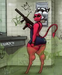 1boy annoyed bathroom big_ass big_butt big_fart crossdressing demon dress edit fart fart_cloud farting femboy gun helluva_boss imp male moxxie_(helluva_boss) mp9 public public_restroom red_body sligarthetiger tail thick_thighs