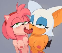 2girls amy_rose blue_eyes breast_press breasts eyeshadow furry green_eyes kissing nipples nipples_touching nude pinkfalcon rouge_the_bat sonic_(series) sonic_the_hedgehog_(series) tongue tongue_kiss tongue_out yuri
