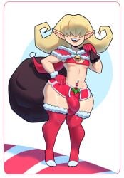 1boy bikini_top bulge_through_clothing capelet christmas christmas_bikini christmas_clothing christmas_outfit commission count_vasile femboy femboy_only girly holding_sack hooded_capelet male_only mistletoe navel_piercing sack short_shorts somescrub thighhighs vampire winter