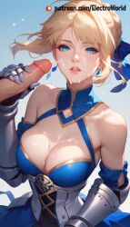 1boy 1girls ai_generated artoria_pendragon breast_jiggle cum_on_breasts electroworld fate_(series) female nude penis saber sperm