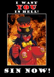 amber_eyes big_breasts black_hair bow_tie breasts demien demon female fire hair hat hell horn huge_breasts looking_at_viewer nipple_piercing nipples nude pentagram piercing pointing poster red_skin skin succubus top_hat