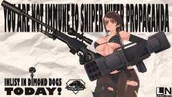 bikini female gun holding_rpg holding_sniper_rifle homage konami lewd_nite metal_gear metal_gear_solid metal_gear_solid_v metal_gear_solid_v:_the_phantom_pain pinup propaganda propaganda_poster quiet_(metal_gear) rpg sniper_rifle tagme