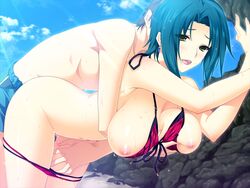 akatsuki_works_hibiki beach bikini blue_hair blush breasts from_behind game_cg hug iizuki_tasuku kurokawa_sera lovely_x_cation red_bikini sex short_hair swimsuit