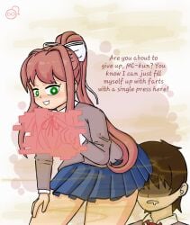 1boy 1girls blush chobeeno color doki_doki_literature_club fart fart_cloud fart_fetish farting_on_face female male mc_(doki_doki_literature_club!) monika_(doki_doki_literature_club) ponytail schoolgirl skirt_lift tagme text white_bow