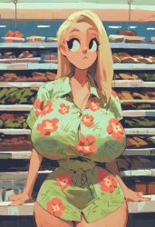 1girls ai_generated asymmetrical_hair big_eyes big_pupils blonde_hair breasts civitai curvy cute dress elbrook facing_viewer female floral_print frown grocery_store hawaiian_shirt hourglass_figure huge_breasts large_breasts looking_to_the_side narrow_waist pony_diffusion_xl raised_eyebrows solo standing stylized