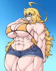 abs big_breasts bikini blonde_hair huge_breasts muscular_female original_character sheepapp short_shorts sophie_(sheepapp)