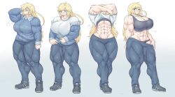 abs blonde_hair glasses huge_breasts muscular_female original_character sheepapp shirt_lift undressing