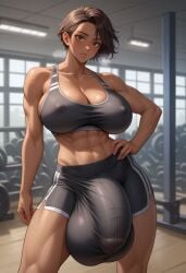 1futa ai_generated athletic_futanari balls blush breasts brown_eyes brown_hair bulge clavicle cleavage contrapposto covered_penis dark-skinned_futanari detailed_bulge elbrook flaccid futanari gigantic_balls gigantic_testicles gym gym_clothes gym_uniform hand_on_hip huge_balls huge_cock indoors large_breasts muscular_futanari nipple_bulge short_hair shorts side_boob solo sports_bra steamy_breath tagme testicles