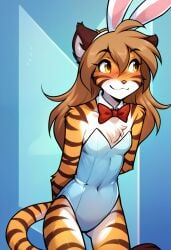 1girls ai_generated anthro female flora_(twokinds) full_body furry looking_away playboy_bunny shy striped_fur tagme tiger twokinds