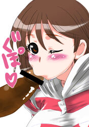 :>= blush breasts brown_hair censored dark-skinned_male dark_penis dark_skin fellatio hair hazel_eyes interracial kamisama_dolls oral penis shiba_hibino striped_shirt wink