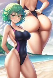 1girls adult_swim ai_generated ass ass_cleavage beach belly_button big_ass big_butt breasts collarbone curly_hair fat_ass fat_butt female female_only fit_female green_eyes green_hair grin huge_ass huge_butt legs light-skinned_female light_skin looking_at_viewer medium_breasts navel novelai one-piece_swimsuit one-punch_man outdoor outdoors outside presenting seductive seductive_look seductive_smile short_hair showing_off solo solo_female standing swimsuit swimwear tatsumaki thick_ass thighs toonami water