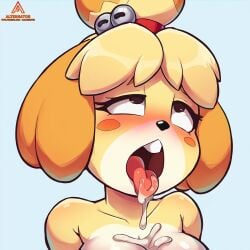 1girls aalternator ahe_gao ahegao_face ai_generated animal_crossing animal_humanoid anthro big_breasts canine crossed_eyes cum cum_in_mouth cum_on_breasts dog_ears dog_girl female furry isabelle_(animal_crossing) nintendo nintendo_switch no_bra nude nude_female saliva saliva_drip saliva_string solo tongue tongue_out