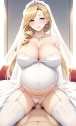 1boy 1girls ai_generated azur_lane big_breasts blonde_hair blue_eyes breasts hood_(azur_lane) huge_breasts large_breasts looking_pleasured open_mouth pregnant pregnant_belly pregnant_female pregnant_sex sex vaginal_sex wedding_dress wedding_lingerie wedding_veil