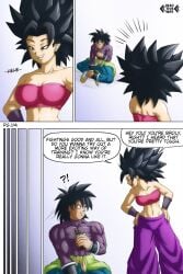 1boy 1girls :d ?! abs armwear attention_seeker baggy_pants bare_shoulders bedroom_eyes belly belly_button big_breasts black_eyes black_hair black_wristband black_wristbands blue_pants blue_tights breasts broly broly_(dragon_ball_super) caulifla chocolate clothed clothed_female clothed_female_clothed_male clothed_male clothes clothing comic comic_page commission curvaceous curvaceous_body curvaceous_female curvaceous_figure curvaceous_hips curvaceous_thighs curves curvy curvy_body curvy_female curvy_figure curvy_hips curvy_thighs dragon_ball dragon_ball_super dragon_ball_super_broly eating english english_dialogue english_text female_abs grey_armwear grey_sweater grin grinning hair_between_eyes hands_on_hips hehe hourglass_figure long_hair long_hair_male manga manga_page muscle muscles muscular muscular_arms muscular_legs muscular_male muscular_thighs navel notice_lines page_1 pelt pink_topwear pointy_hair purple_pants round_breasts saiyan saiyan_girl saiyan_male shiny shiny_body shiny_breasts shiny_clothes shiny_clothing shiny_hair shiny_skin shiny_thighs sitting_down smile smiling smiling_at_partner speech_bubble spiky_hair suture_art sweater talking talking_to_another tan-skinned_male tan_body tan_skin tanned tanned_skin tight_clothes tight_clothing tight_fit tight_pants tight_sweater tournament_of_power universe_6 universe_6/universe_7 universe_6_girls universe_6_saiyan/universe_7_saiyan voluptuous voluptuous_female wild_hair wristbands