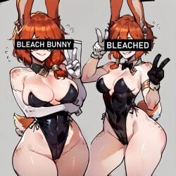 1girls ai_generated aurora_(league_of_legends) big_breasts bleached breasts bunny_ears bunnysuit female league_of_legends light-skinned_female light_skin ratatatat74_(ai_style) thick_thighs v_sign vastaya