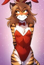 1girls ai_generated anthro female flora_(twokinds) full_body furry looking_away playboy_bunny shy striped_fur tagme tiger twokinds