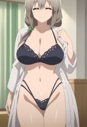 ai_generated arisato_yu big_breasts blush_lines closed_eyes grey_hair long_hair mature_female milf side_ponytail smile underwear uzaki-chan_wa_asobitai! uzaki_tsuki