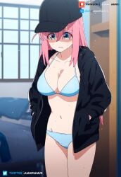 ai_generated ashamed big_breasts blue_eyes bocchi bocchi_the_rock! curvy embarrassed_female jacket jacket_open juanpi_amvs long_hair patreon patreon_username pink_hair underwear watermark