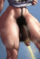 ai_generated darkened_balls darkened_genitalia darkened_penis excessive_pubic_hair female_leg_hair futanari hairy_balls hairy_legs leg_hair musk peeing pubic_hair smegma