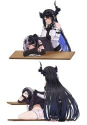 2girls ass black_hair closed_eyes comic dat_ass dress dress_lift female female_pervert from_behind gardavwar goth gothic hololive hololive_english hololive_english_-advent- horse nerissa_ravencroft shiori_novella sitting skirt_lift sleeping striped_panties stripes virtual_youtuber yuri