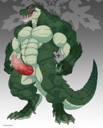 abs animal_genitalia anthro blue_eyes blush claws crocodilian genital_slit genitals hi_res lustful_desires male muscular muscular_anthro muscular_male narram pecs penis reptile scales scalie scar sharp_teeth solo tail talon_(lustful_desires) teeth tongue tongue_out vein veiny_penis