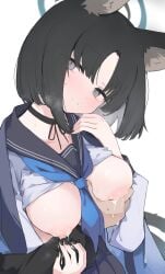 1boy 1girls allied_hyakkiyako_academy_student animal_ears areolae bar_censor black_choker black_hair black_ribbon blue_archive blue_halo blush breast_grab breasts breasts_out cat_ears cat_girl cat_tail choker female female_focus grey_eyes halo hi_res highres kikyou_(blue_archive) lactating lactation light-skinned_female light_skin looking_at_viewer mikozin nipples nude ribbon ribbon_choker short_hair simple_background sweat tail white_background