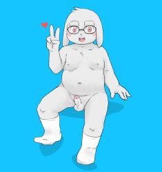 2024 4_fingers anthro balls blush buckteeth clothing erection eyebrows eyewear fingers footwear fur genitals gesture glasses hand_gesture happy hi_res humanoid_genitalia humanoid_penis japanese_description lagomorph leporid looking_at_viewer male mammal moobs navel nekotanyanneko nipples open_mouth overweight overweight_male penis rabbit sitting socks solo teeth v_sign white_body white_clothing white_footwear white_fur white_socks