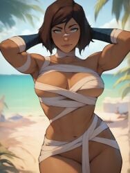 1girls 2d abs ai_generated arm_band armpits avatar_legends bandage bandaged_arm bandaged_chest bandages beach belly belly_button blanket blue_eyes blush breasts brown_body brown_hair female flirting_look fousters half_naked hand_behind_head hands_behind_head korra large_breasts looking_at_viewer medium_breasts muscular_female palm_tree pony_diffusion_xl sea smile stable_diffusion the_avatar the_legend_of_korra thick_thighs waist water_tribe