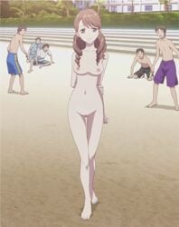 1girls arms_behind_back barefoot beach breasts brown_hair clothed_male_nude_female cmnf completely_nude completely_nude_female drill_hair feet hanasaku_iroha highres innie_pussy light_smile long_hair navel nipples nude nude_female nude_filter nudist nudist_beach open_mouth photoshop pointy_chin pussy screen_capture screencap standing toes wakura_yuina zenra