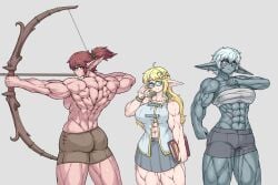 3girls abs back_muscles dark-skinned_female elf multiple_girls muscular_female scar sheepapp