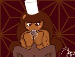 blowjob boobjob brown_eyes brown_hair brown_skin cocoa_cookie cookie cookie_run cookie_run_kingdom cum cum_in_mouth cum_on_breasts cum_on_face duo heckraising paizufella penis penis_in_mouth