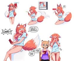 2girls accident accidental_circumstance accidental_exposure ahoge blush breasts brown_eyes brown_hair clothes_pull comic drill_hair embarrassed english_text excited female_pubic_hair ferret_ears ferret_girl fox_ears fox_girl fox_tail freckles loose_shirt multiple_views original original_character phone poppytart pubic_hair red_hair selfie sexting shirt_only shocked short_hair small_breasts snaggle_tooth tanline texting thighs tira_(poppytart)