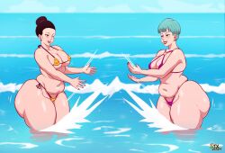 2girls 5tarex ass belly big_ass bikini black_hair blue_hair bulma_briefs chichi chubby cleavage dragon_ball dragon_ball_z fat_ass female mature_female milf mombod mother overweight overweight_female plump skimpy thick_thighs