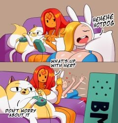 1boy 3girls adventure_time anon ass big_ass big_breasts big_butt big_hips big_thighs blonde_female blonde_hair blush bmo breasts cake_the_cat cartoon_network catgirl caucasian caucasian_female comic dialogue female fionna_the_human_girl flame_princess gem hands_on_breasts hips horn horny horny_female hotdog huge_ass huge_boobs huge_breasts huge_butt huge_thighs idler_r long_hair male massive_ass massive_breasts massive_butt massive_hips massive_thighs massive_tits orange_body orange_skin pajamas people_watching princess red_hair sexy sexy_body text_bubble thighs voluptuous voluptuous_female