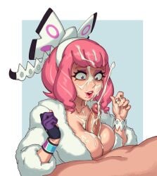 1boy 1boy1girl 1girls beauty_mark big_breasts big_penis bow_ribbon bracelet cleavage clothed_female cum cum_on_breasts cum_on_face ejaculation ejaculation_between_breasts excessive_cum faceless_male gloves jacket klara_(pokemon) lipstick naked_male paizuri pink_hair pink_lipstick pokemon rizdraws surprised surprised_expression titfuck unseen_male_face
