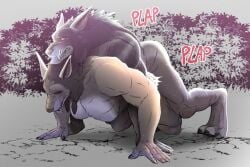 accessory anal anal_sex anthro barazoku blizzard_entertainment bodily_fluids canid canine claws doggy_style drooling duo fangs finger_claws from_behind_position hair_accessory hi_res male male/male mammal maychin muscular muscular_anthro muscular_male nude nude_anthro nude_male outside pecs penetration plap_(sound) pointy_ears saliva sex sweat sweatdrop teeth warcraft werecanid werecreature worgen