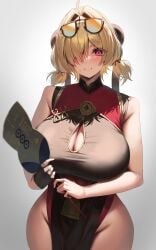 absurdres ahoge black_dress black_gloves blush breasts china_dress chinese_clothes cleavage cleavage_cutout clothing_cutout commentary_request dress dress_lift eyes_visible_through_hair eyewear_on_head female fingerless_gloves gloves gold_trim hair_over_one_eye highres huge_breasts long_hair looking_at_viewer purple_eyes round_eyewear short_twintails side_slit simple_background smile solo steam sweat sweety_(zenless_zone_zero) thigh_strap thighs tinted_eyewear twintails white_background white_hair yamanokami_eaka zenless_zone_zero