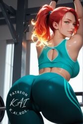 1girls ai_generated animestyle big_breasts blonde_hair breasts character_request copyright_request curvy curvy_figure digitalart female female_only green_eyes k_ai_ros_ light-skinned_female light_skin looking_at_viewer pants solo