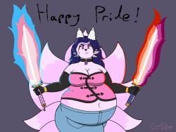 bbw big_breasts breasts cassieroll cleavage female flames furry huge_breasts katana lesbian_pride_colors overweight pride_colors pride_month tagme thick_thighs transgender_pride_colors wide_hips
