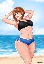 1female 1girls alluring background_thighs_thighs blush breasts brown_eyes brown_hair chilling clothed cosplay curvy female female_focus female_only front_view hair human legs light-skinned_female light_skin lips lipstick looking_at_viewer my_hero_academia ochako_uraraka ochako_uraraka_(cosplay) pale-skinned_female pale_skin posing posing_for_the_viewer posing_for_viewer sea senbonzakuraart short_hair solo solo_female solo_focus sport sports sports_bra sports_shorts sports_uniform sportswear standing superheroine thick_hips thick_legs thick_thighs thighhighs thighs voluptuous voluptuous_female voluptuous_milf wide_hips