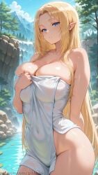 ai_generated alpha_(the_eminence_in_shadow) big_breasts blonde_hair blue_eyes breasts female female gitaniai kage_no_jitsuryokusha_ni_naritakute! long_hair looking_at_viewer pointed_ears standing the_eminence_in_shadow towel waterfall wet wet_body