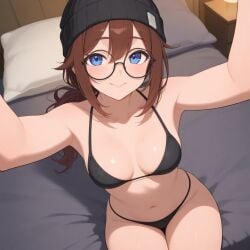 ai_generated beanie bikini blue_eyes breasts brown_hair glasses ponytail small_breasts thighs