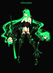 1girls bow bullet bustier claws clit_slip clitoris_slip clitslip elbow_gloves female flat_chest gloves green_eyes green_hair gun hairbow highres lingerie long_hair lowleg lowleg_panties mecha_musume nipple_slip nipples original orihiro panties solo thighhighs underwear very_long_hair weapon