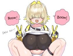 1girls ahoge belly black_sports_bra blonde_hair breasts colored_inner_hair conto convenient_censoring cute_fang double_v elegg_(nikke) english_text female gloves goddess_of_victory:_nikke hair_intakes hair_over_eyes huge_breasts navel out-of-frame_censoring panties pantyshot shirt_lift solo speech_bubble sports_bra squatting thigh_strap two_tone_hair v_sign white_panties yellow_gloves